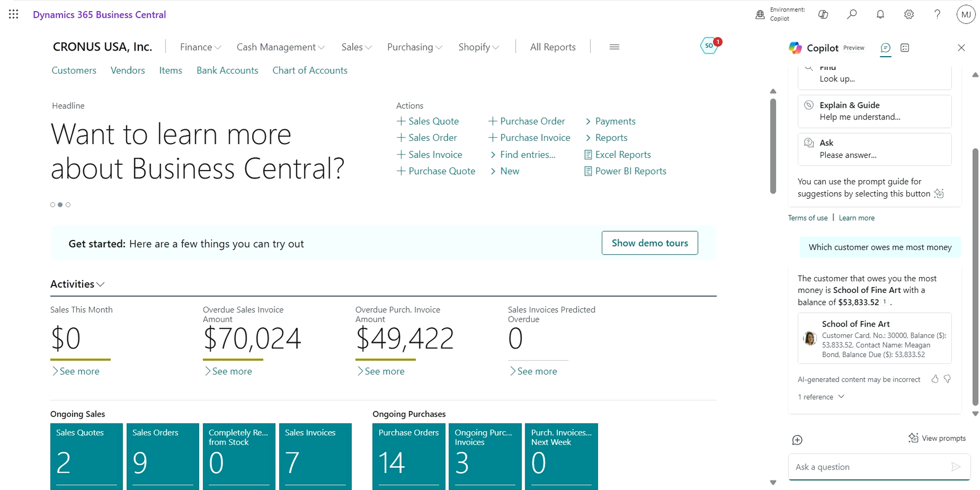 Microsoft Dynamics 365 Business Central interface with built-in AI Copilot assisting users directly inside the ERP system